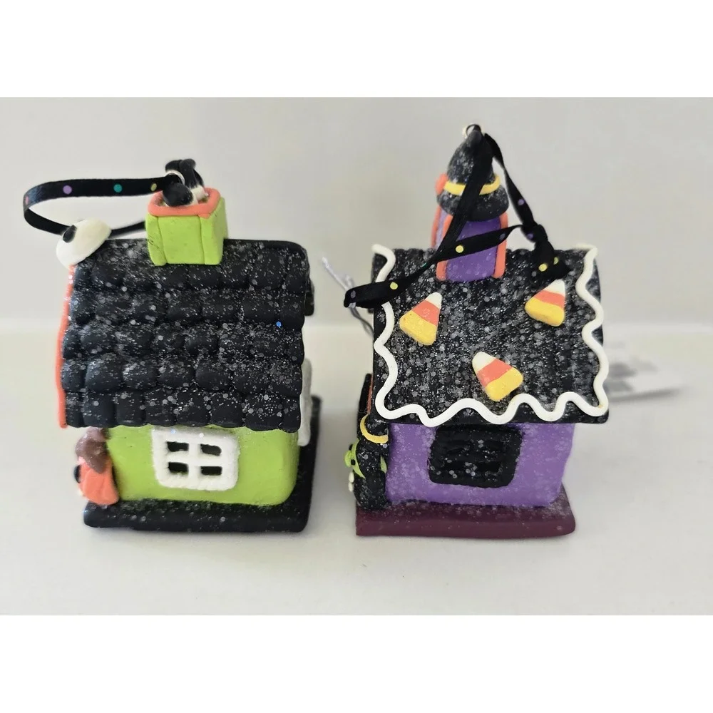 New Set of 2 Halloween Light Up Clay Dough House Ornaments‎  Witch Haunted House